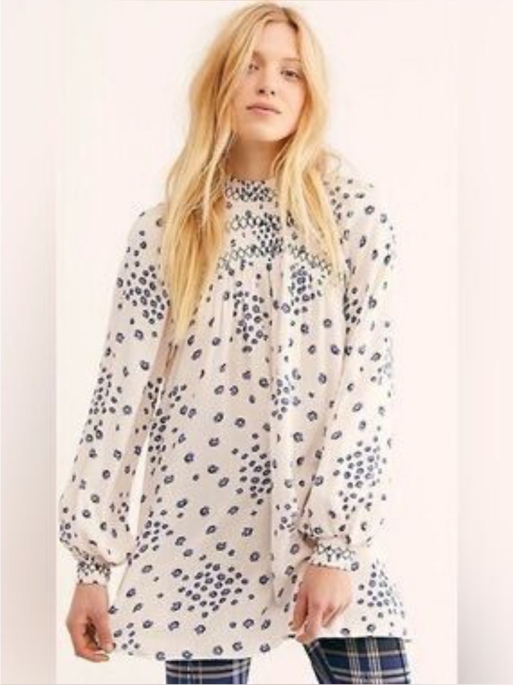 Free People - never worn Cream Smocked Yoke Long Sleeve Top with Navy Dot Print